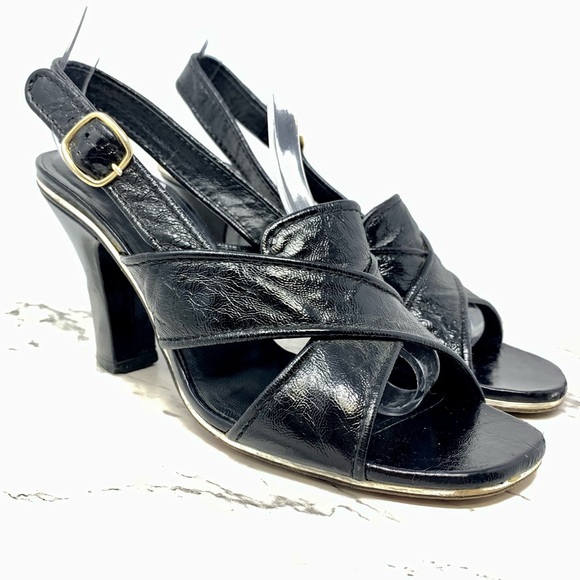Marc Jacobs Black Patent Leather Open Toe Slingback Pumps 39/8 Academia Preppy - Picture 1 of 14